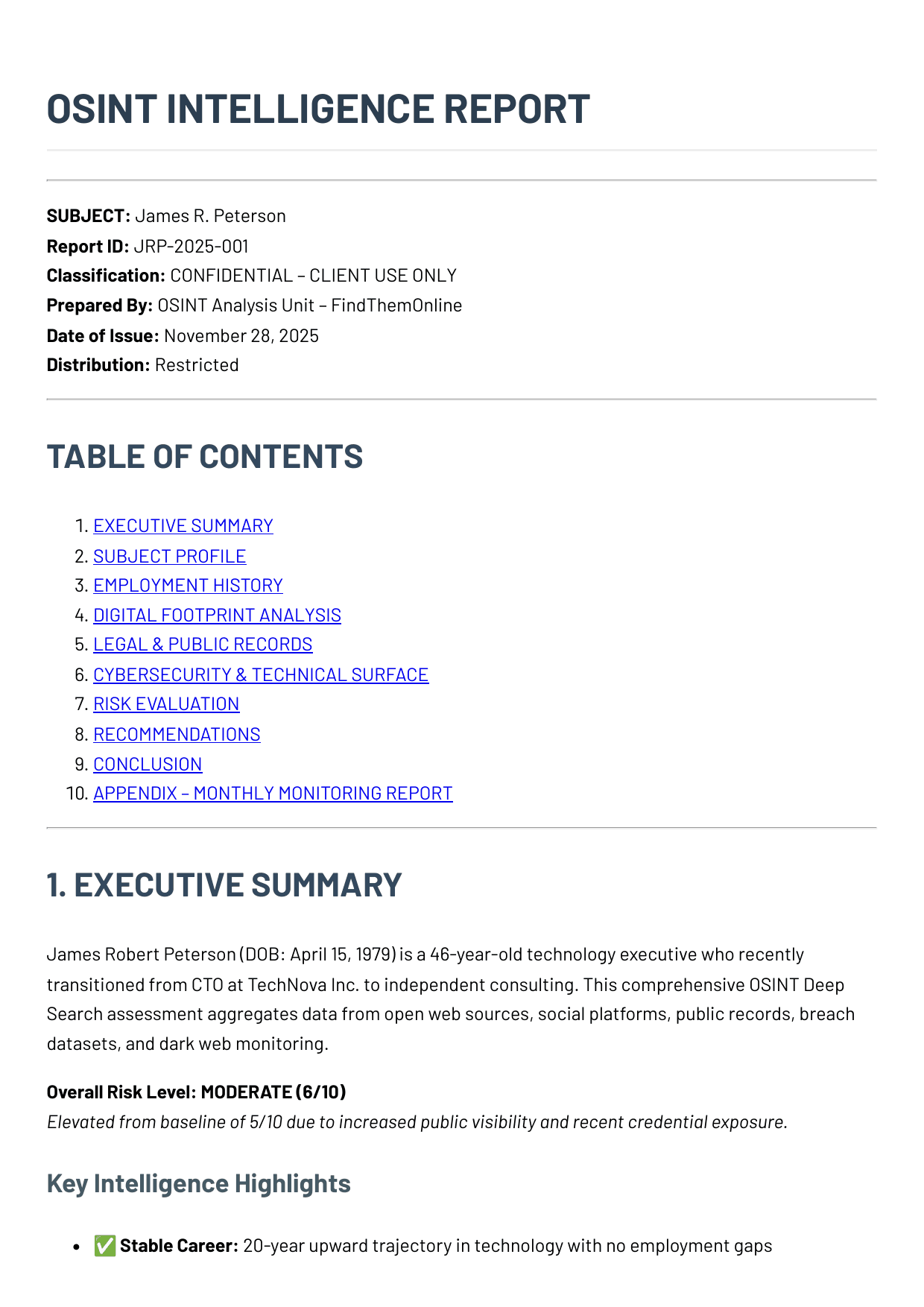 Cover sheet and executive summary